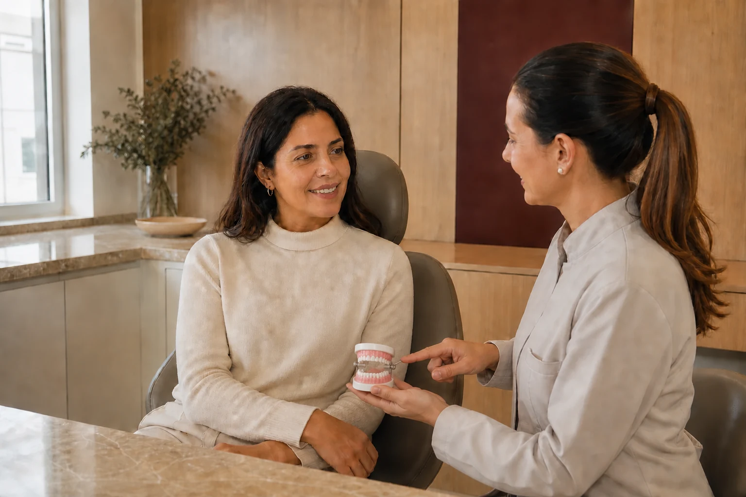 Dentista orientando uma paciente com um modelo odontológico didático