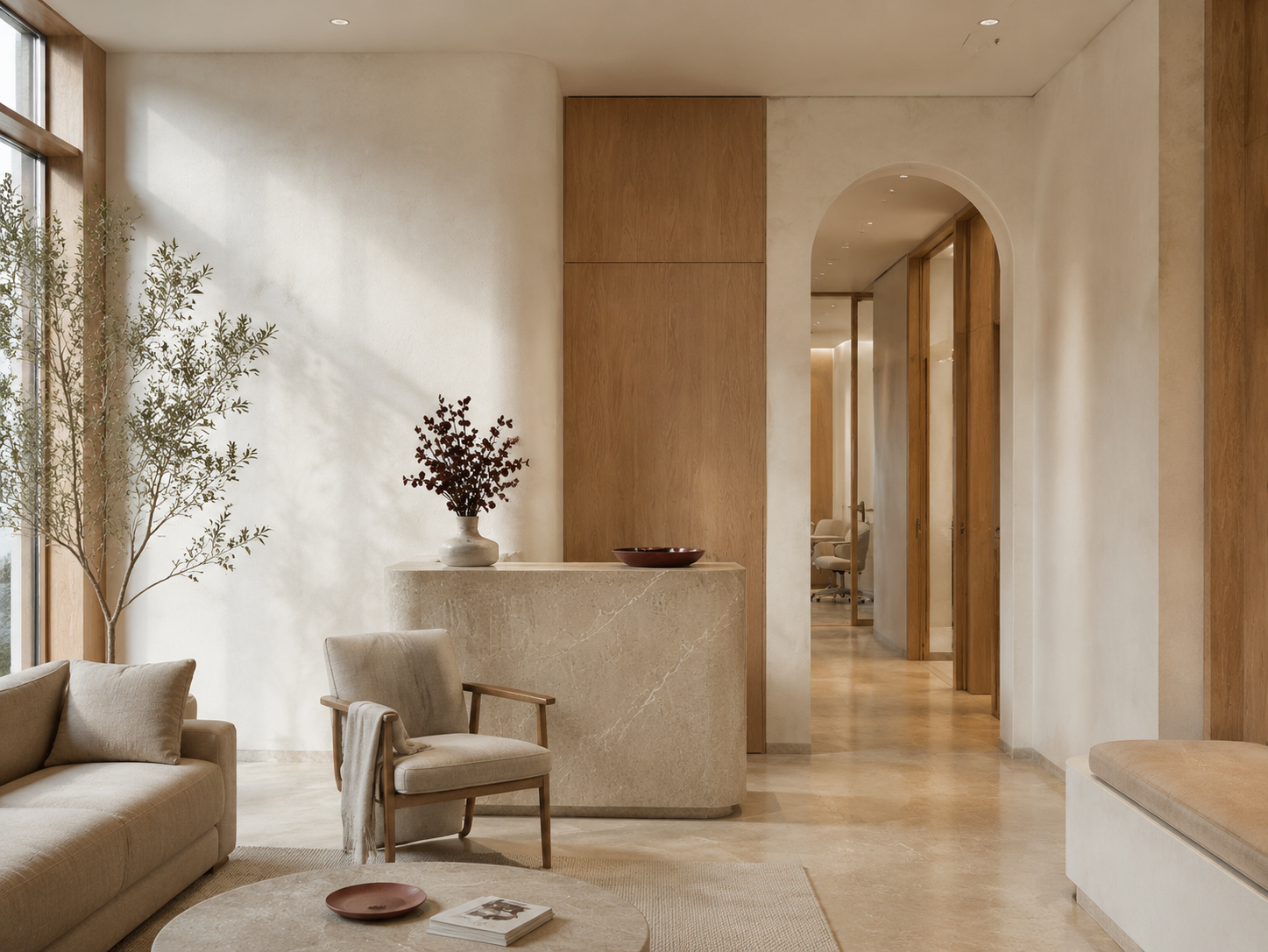 Recepção clara com materiais naturais e vegetação